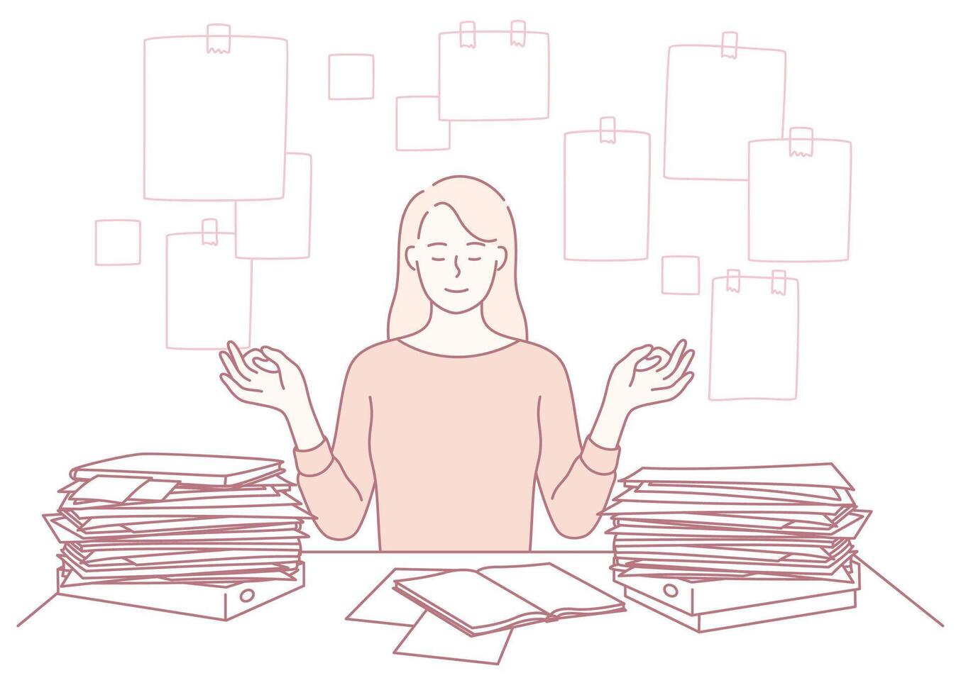 Woman meditating with paperwork around vector