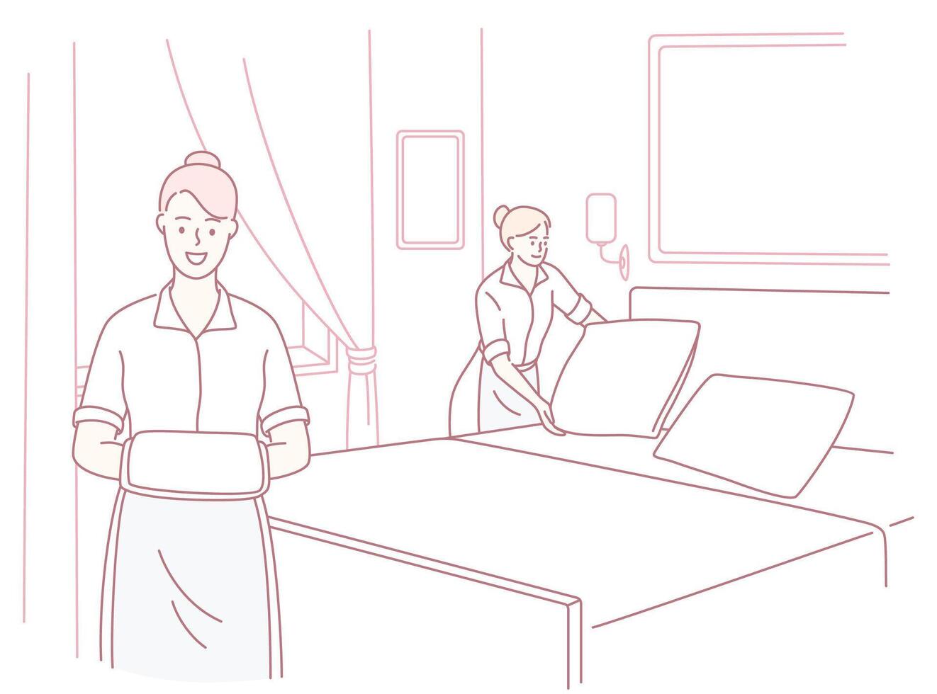 Housekeeping staff are preparing a hotel room for new guests, ensuring it is pristine vector