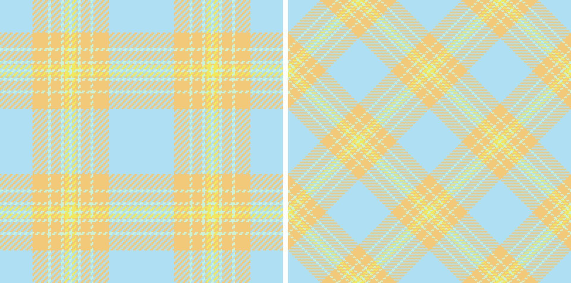 Two coordinated seamless tartan patterns in pastel blue and yellow tones. Ideal for backgrounds, textiles, wrapping paper, or design elements. vector