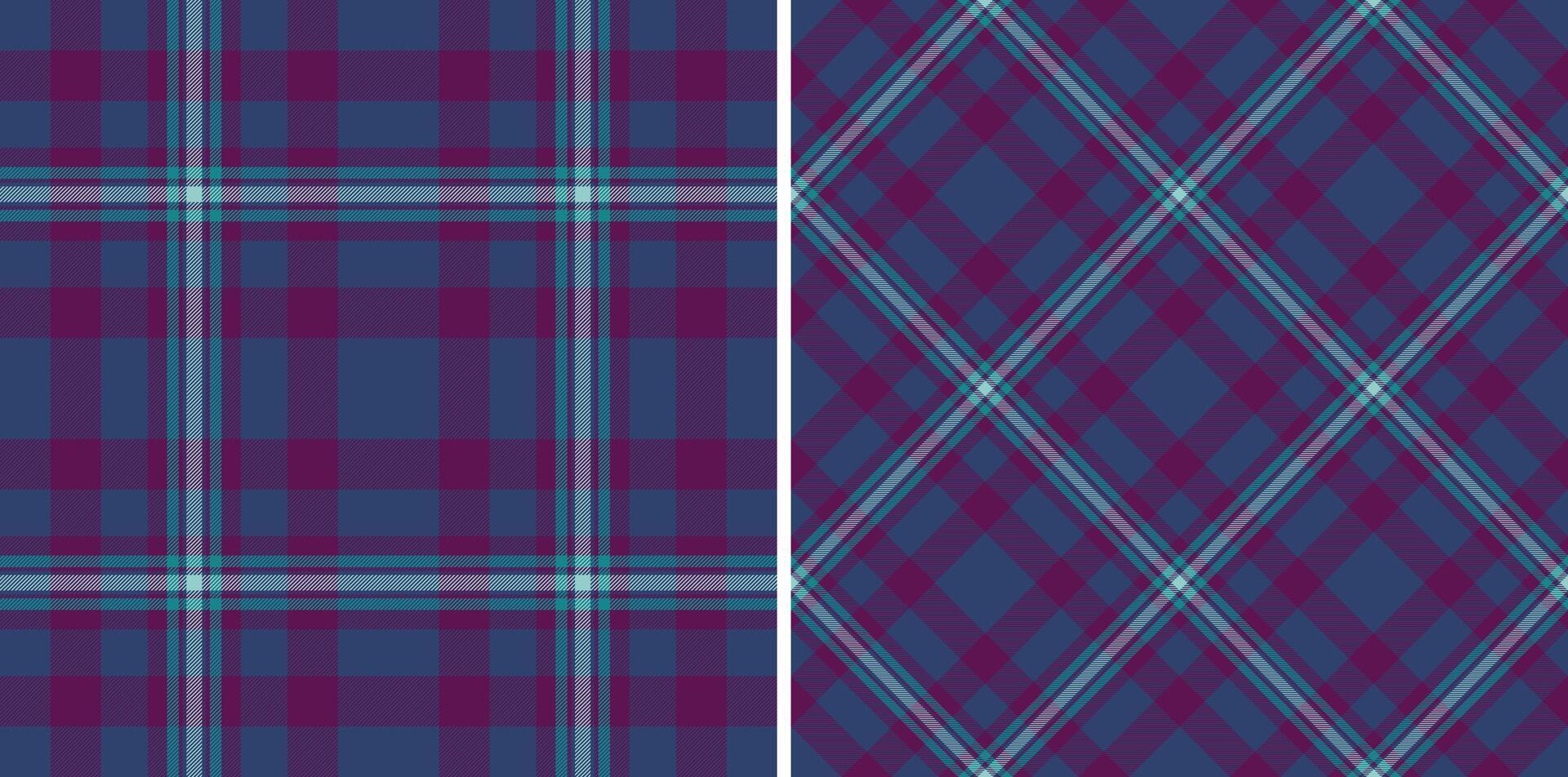 Stunning duo of seamless plaid patterns in rich purple and teal hues. Perfect for textile design, fashion, websites, or any project needing a sophisticated, textured background. vector