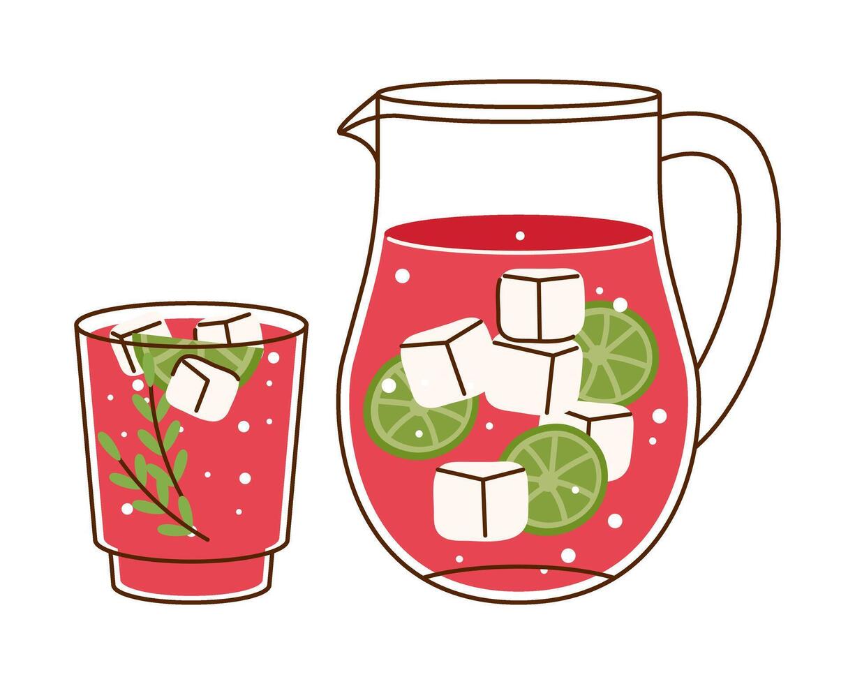 Cold rhubarb lemonade in pitcher, glass with lime slices and ice cubes hand drawn icon vector