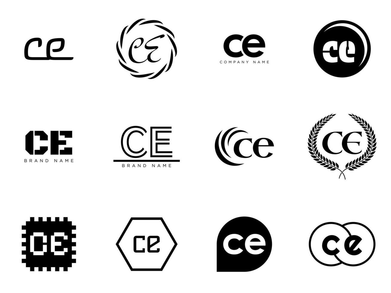 CE logo . Letter c and e logotype. Set different classic serif lettering and modern bold text with design elements. Initial font typography. vector