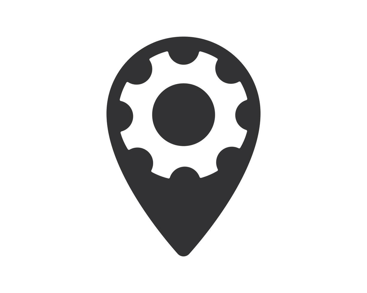 Stylized location pin with a cogwheel inside, symbolizing technical service location. Great for maps, apps, mechanics, repair, and engineering themes. vector