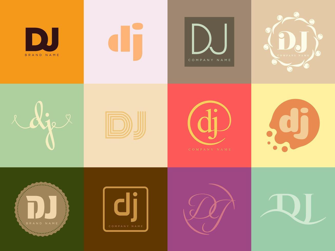 DJ logo company template. Letter d and j logotype. Set different classic serif lettering and modern bold text with design elements. Initial font typography. vector