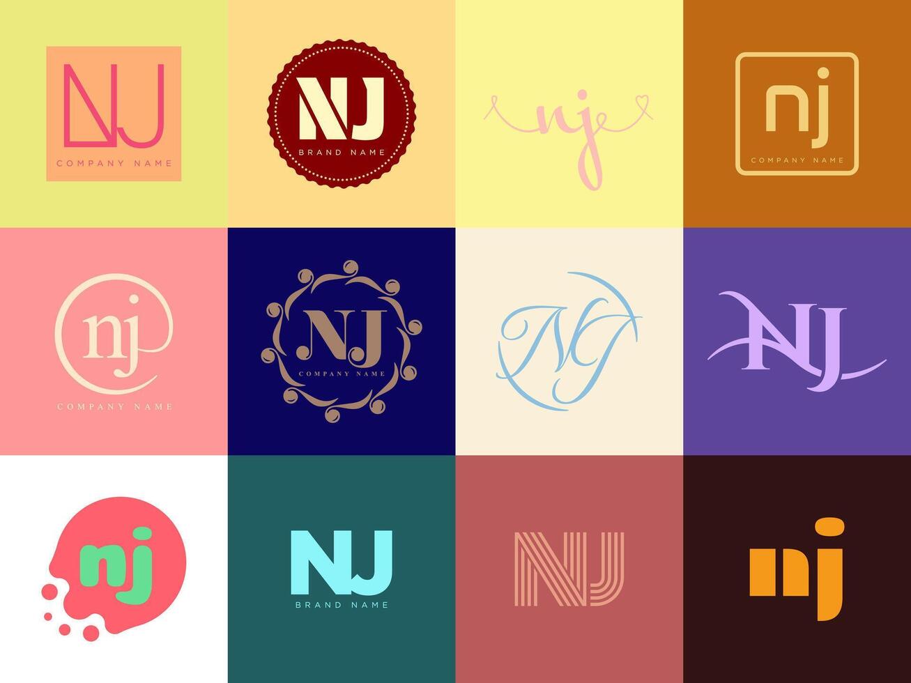 NJ logo template. Letter n and j logotype. Set different classic serif lettering and modern bold text with design elements. Initial font typography. vector