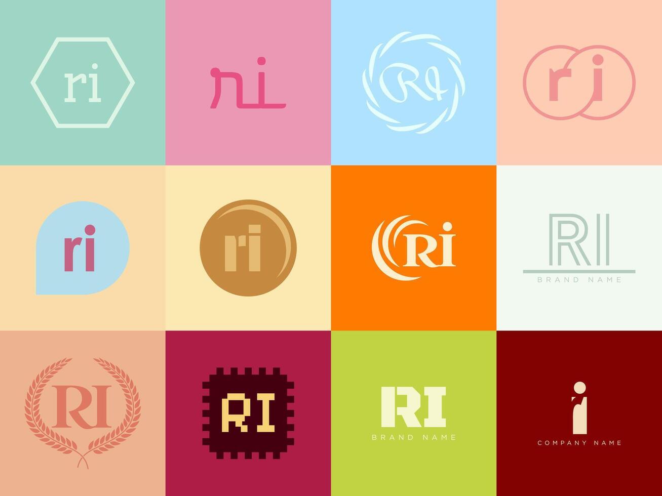 RI logo template. Letter r and i logotype. Set different classic serif lettering and modern bold text with design elements. Initial font typography. vector