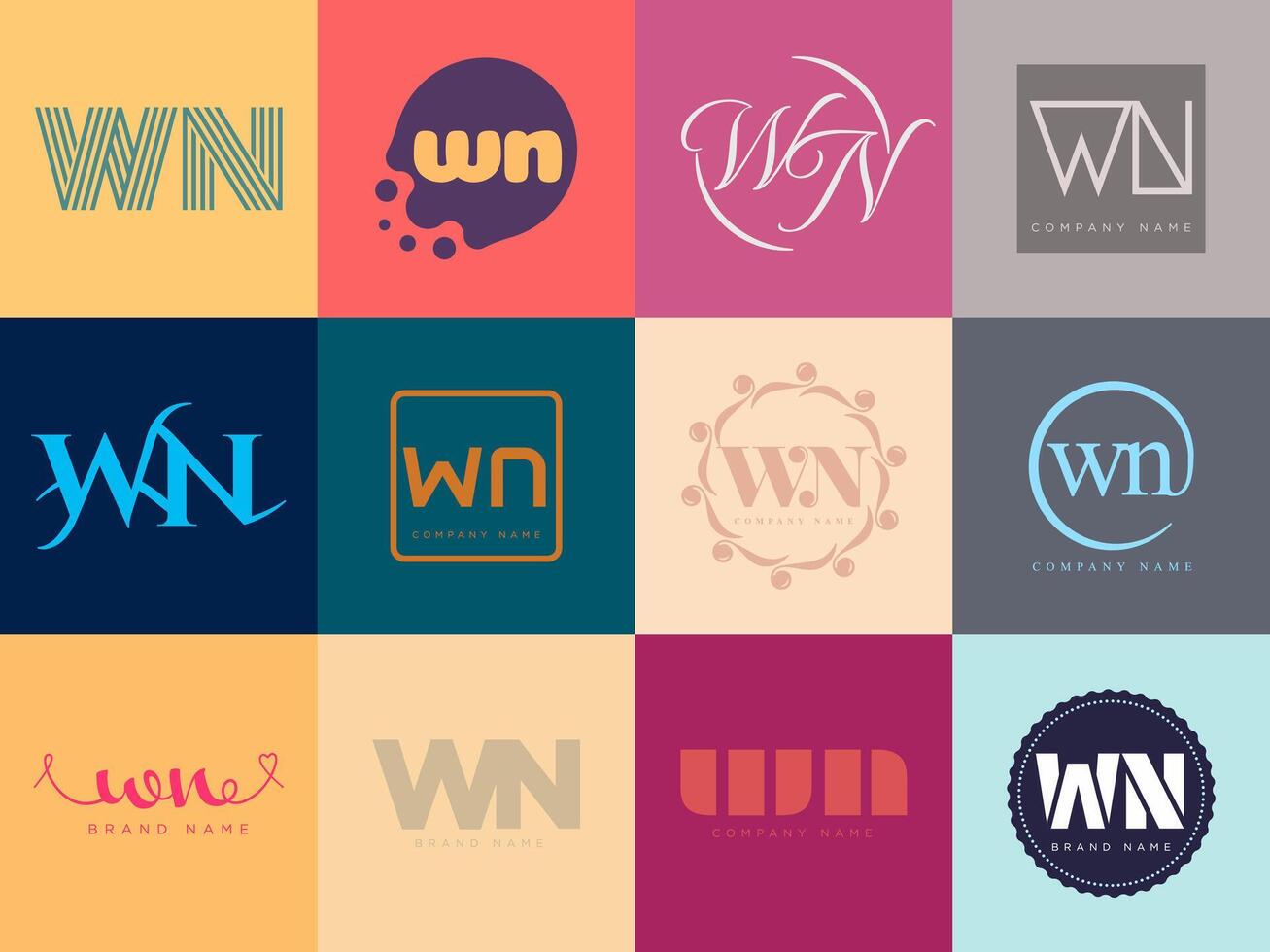 WN logo template. Letter w and n logotype. Set different classic serif lettering and modern bold text with design elements. Initial font typography. vector
