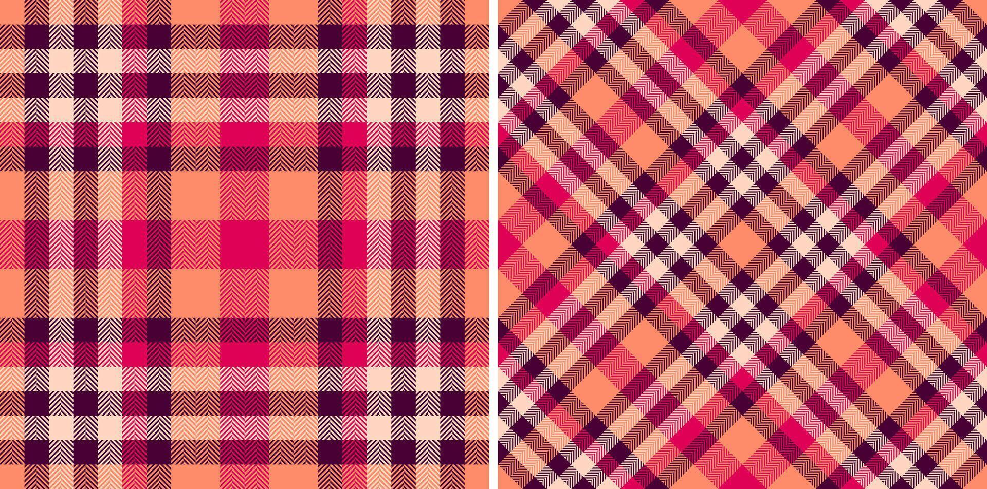 Vibrant coral and pink plaid patterns, perfect for textile design, fashion, or website backgrounds. These seamless textures offer a stylish, autumnal aesthetic, conveying warmth and comfort. vector