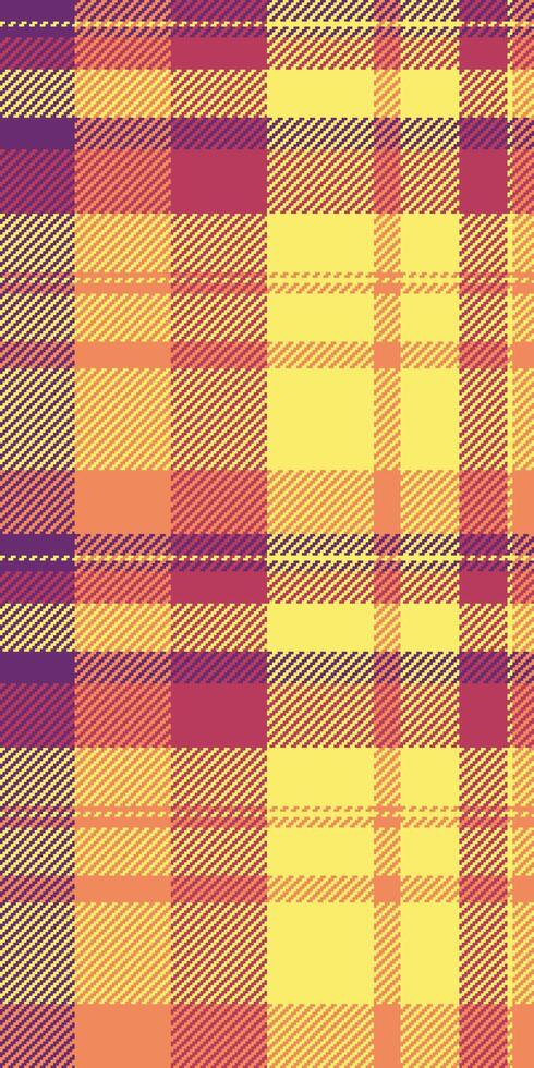 Vibrant autumnal plaid pattern. Warm, textured design in yellow, orange, and purple hues. Ideal for textile design, fashion, packaging, and website backgrounds. vector