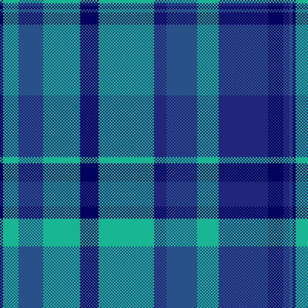 Detailed pixelated plaid pattern with intersecting dark blue, teal, lighter blue stripes. Useful for backgrounds, textiles, retro designs with a structured feel. vector
