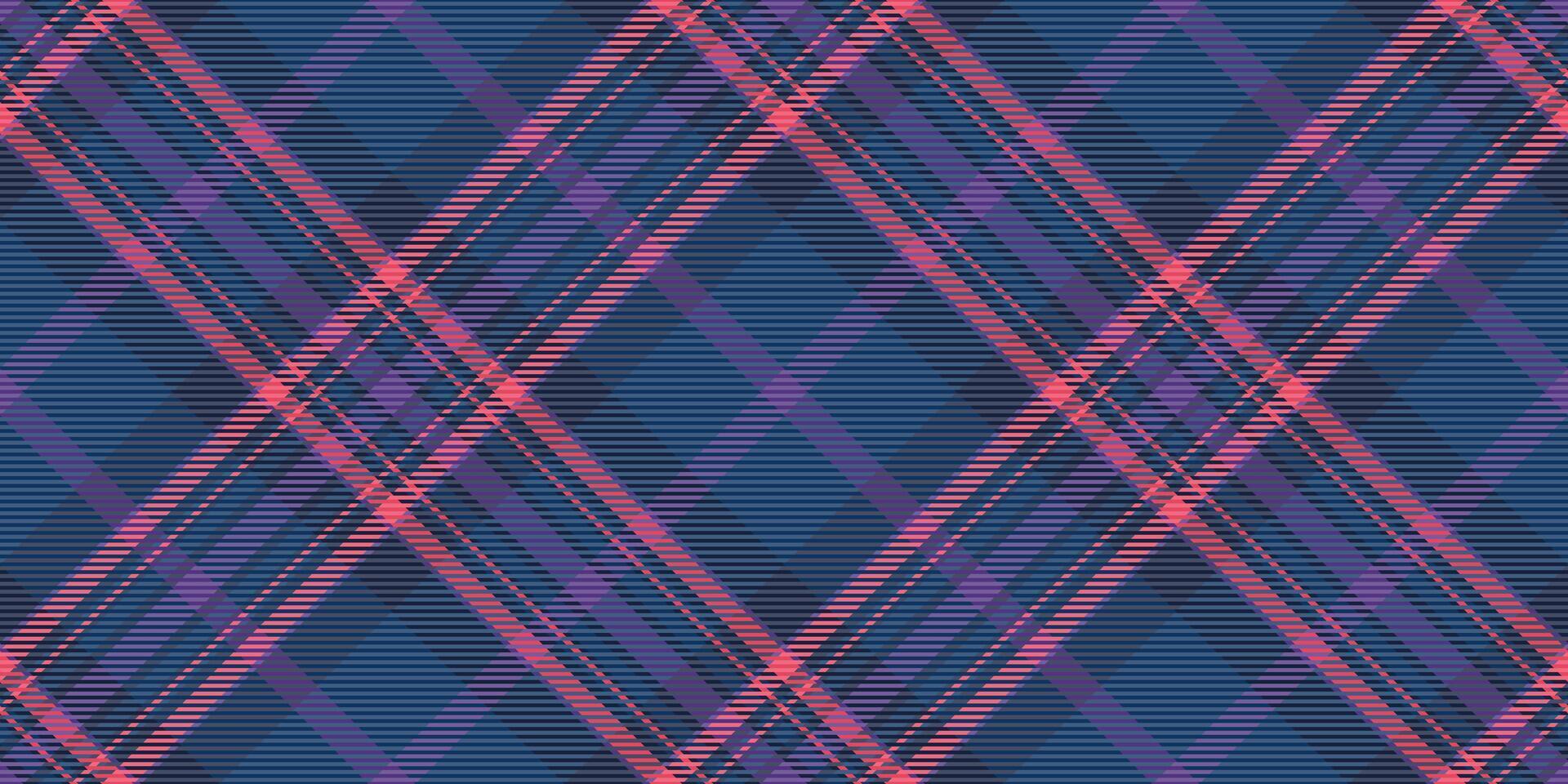 Abstract diagonal plaid pattern in cool tones. Seamless design featuring intersecting lines of navy, purple, and coral. Ideal for textile prints, website backgrounds, or fashion designs. vector