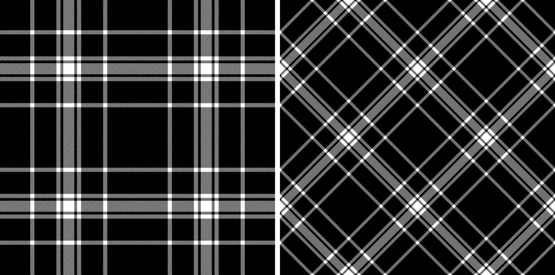 Elegant monochrome plaid patterns, perfect for textile design, apparel, or website backgrounds. Two distinct styles-classic horizontalvertical and dynamic diagonal-offer versatile design options. vector