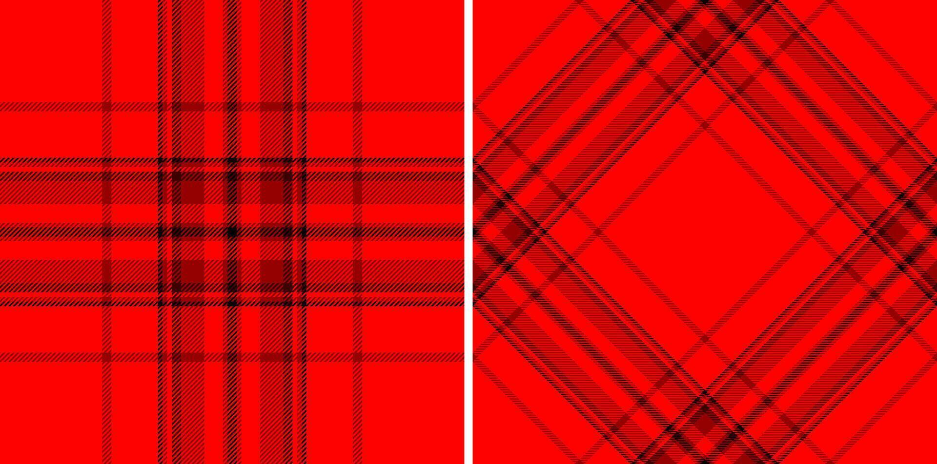 Two seamless red plaid patterns, one vertical, one diagonal. Classic textile design, perfect for backgrounds, fabric swatches, or festive themed projects. Bold, vibrant, and traditional. vector