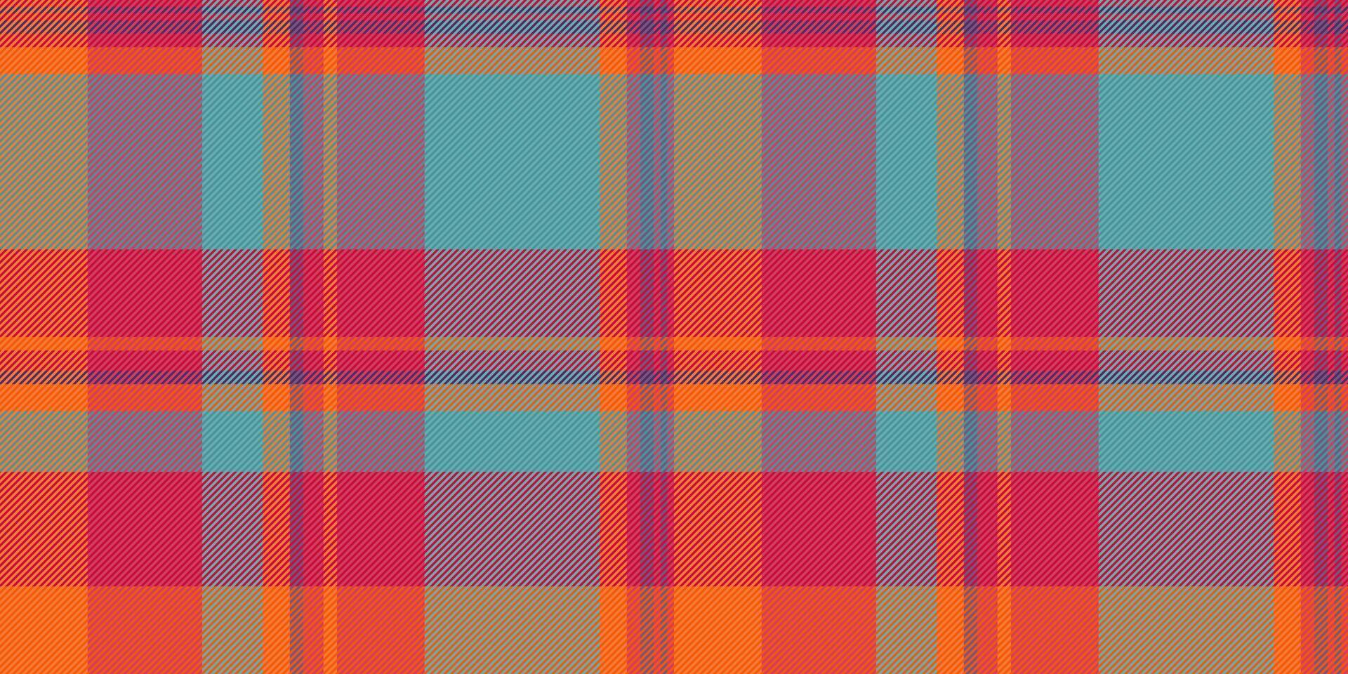 Vibrant, seamless plaid pattern in bold orange, teal, and pink hues. Perfect for textile design, fashion, website backgrounds, or any project needing a cheerful, energetic texture. vector