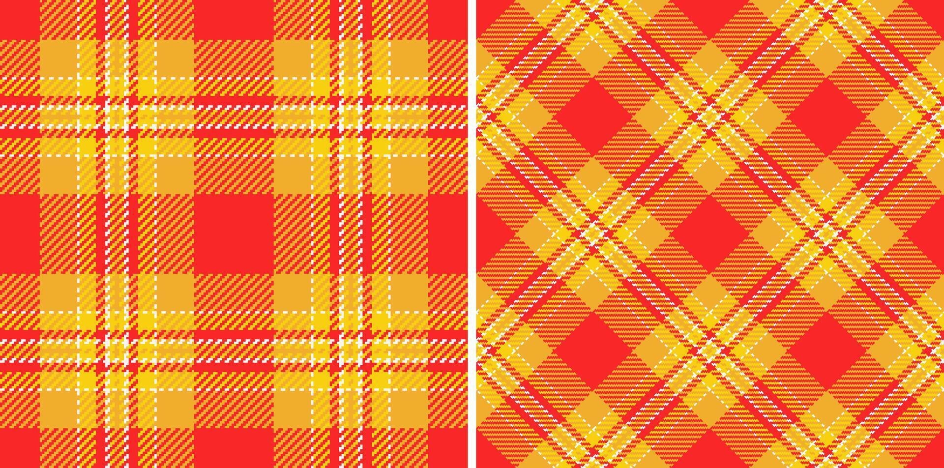 Vibrant red and gold plaid patterns, perfect for textile design, autumnal themes, or festive backgrounds. Two distinct styles offer versatility classic checks and dynamic diagonals. vector