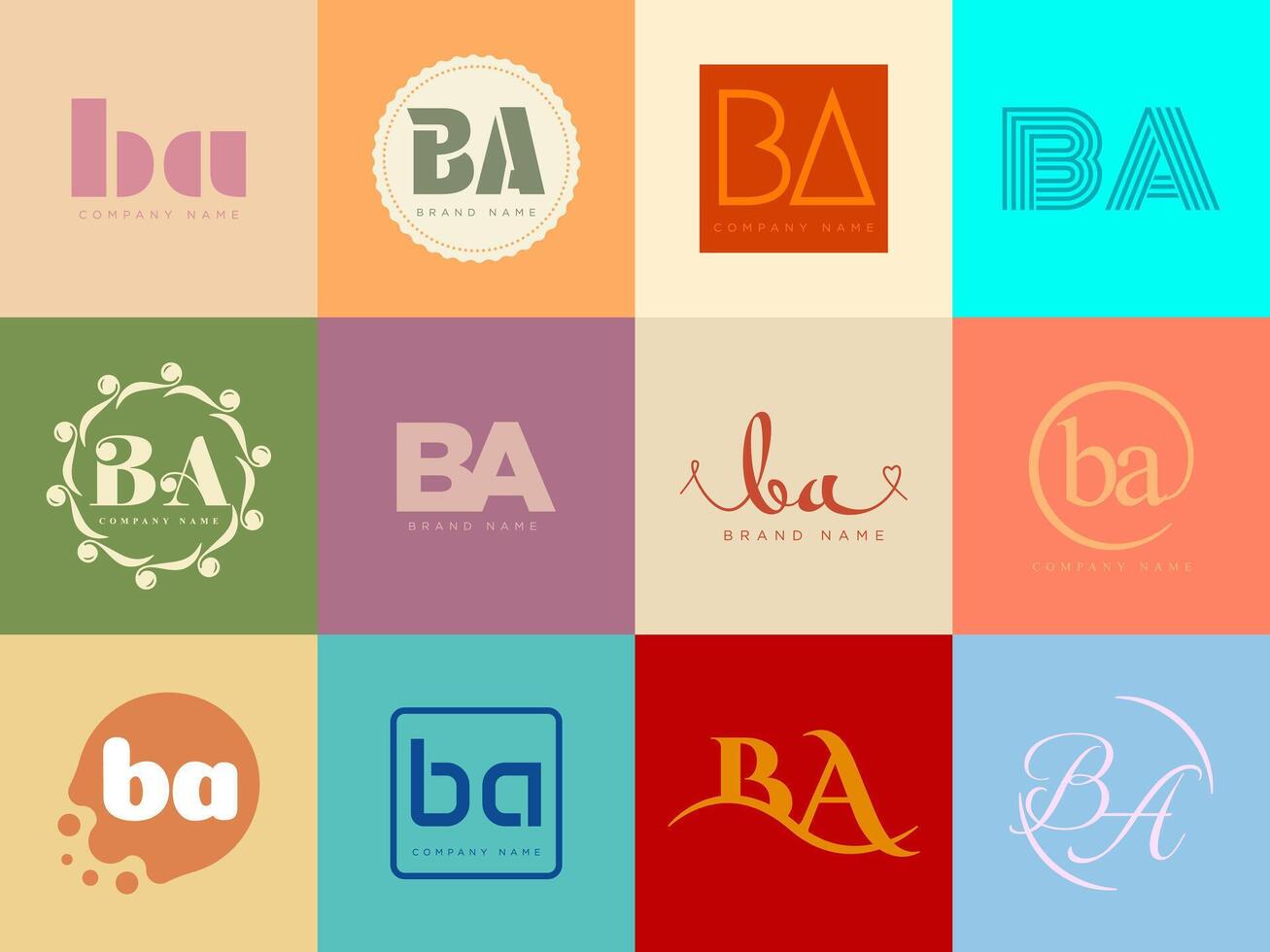 BA logo company template. Letter b and a logotype. Set different classic serif lettering and modern bold text with design elements. Initial font typography. vector