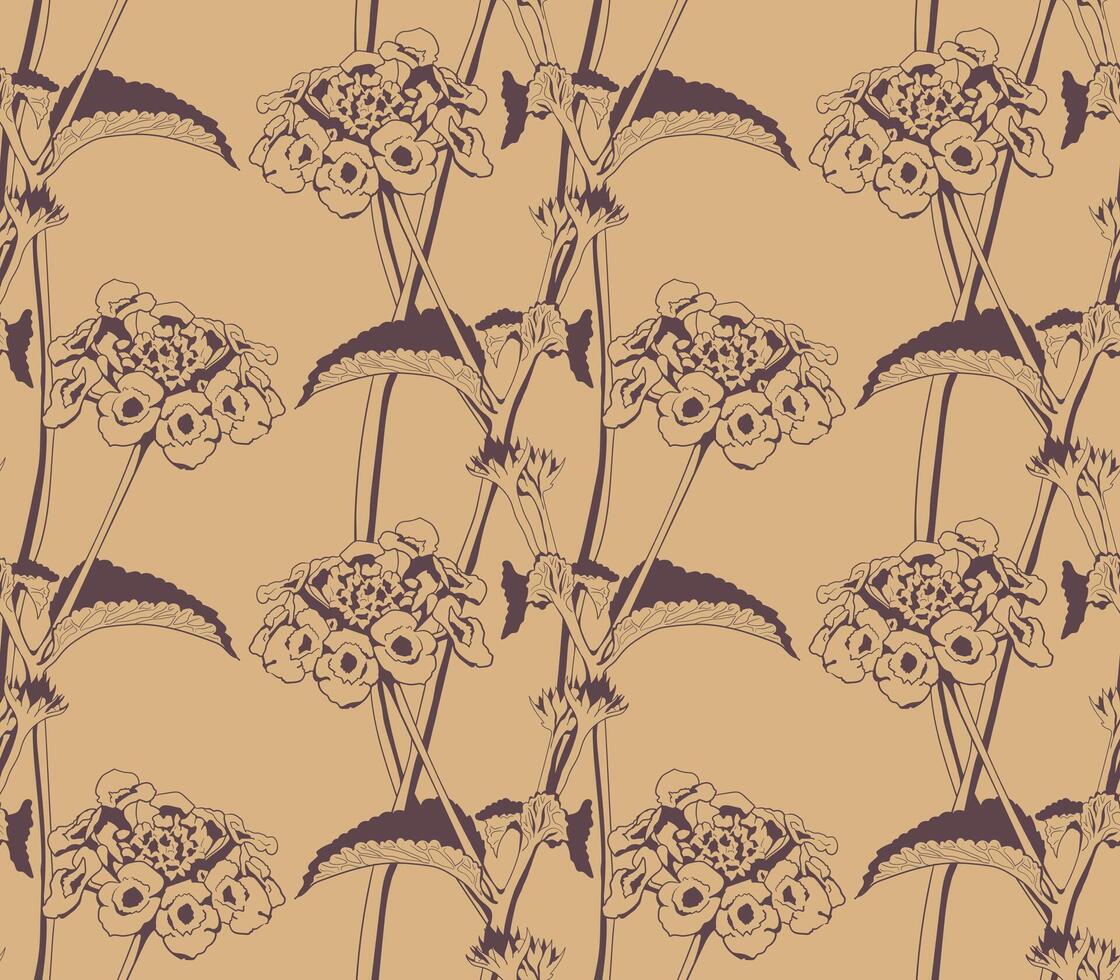 Elegant floral seamless pattern. A sophisticated design featuring stylized Lantana flowers in deep maroon on a beige background. Perfect for wallpaper, textile prints, packaging, and stationery. vector
