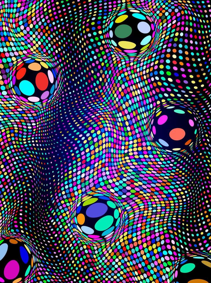 Colorful pattern with spheres and dots, creating an optical illusion. vector