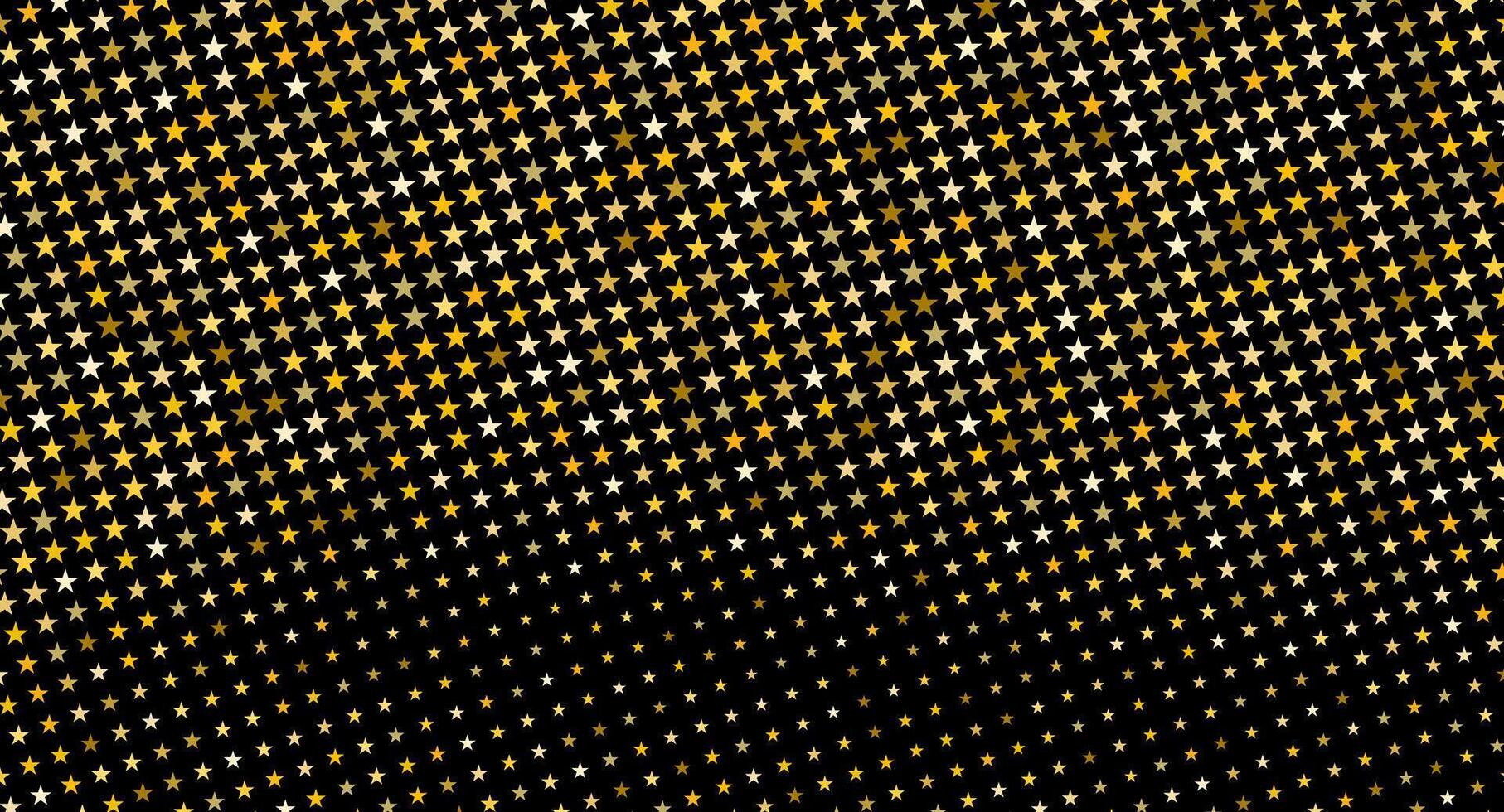 Gold star pattern on a black background, fading from large to small stars in a diagonal direction. vector
