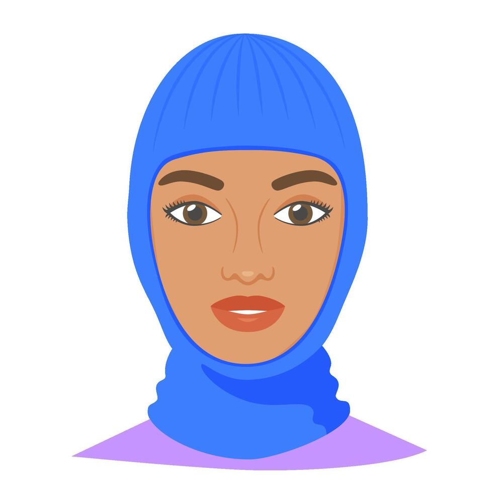Black woman wearing balaclava helmet. Trendy worm headgear for cold weather. Facial mask for the whole head to wear under helmet in flat style. vector