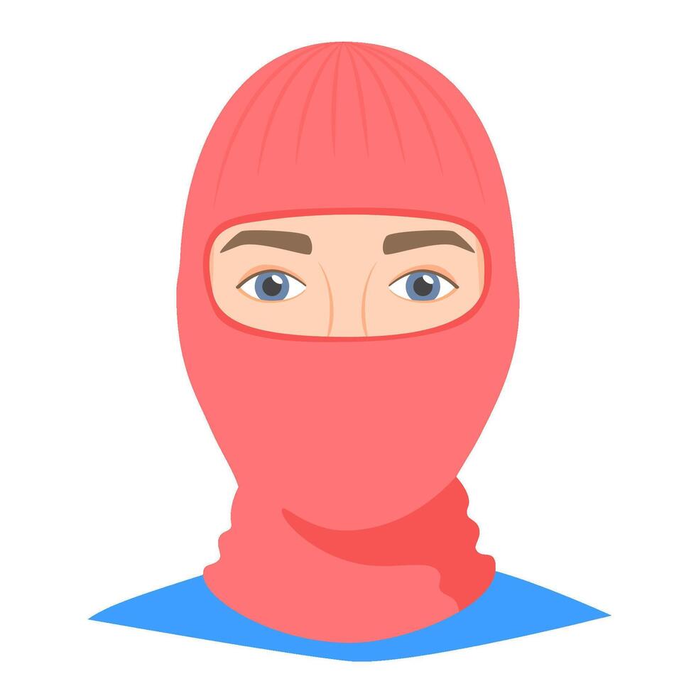 Man wearing balaclava helmet. Worm headgear for cold weather. Facial mask for the whole head to wear under helmet in flat style. vector