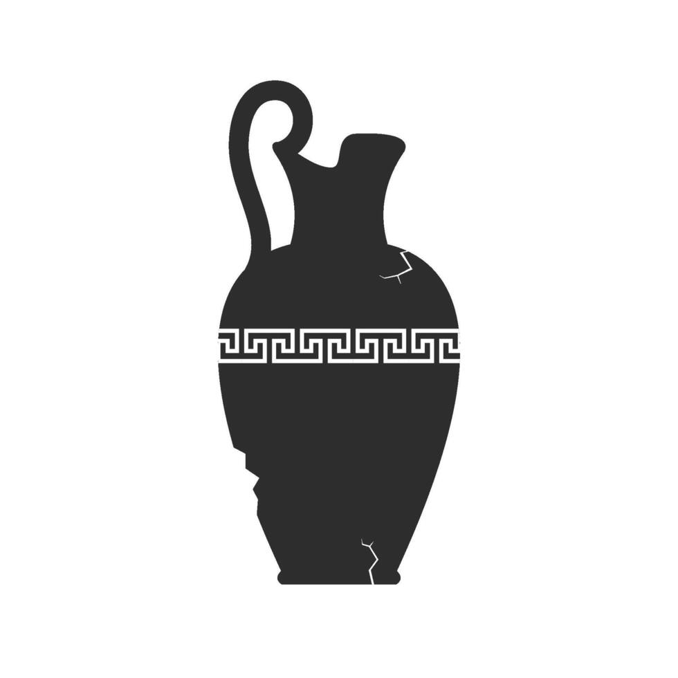 Broken amphorae silhouette. Cracked ancient greek vase with meander pattern. Antique ceramic jar or vessel. Old clay pottery vector