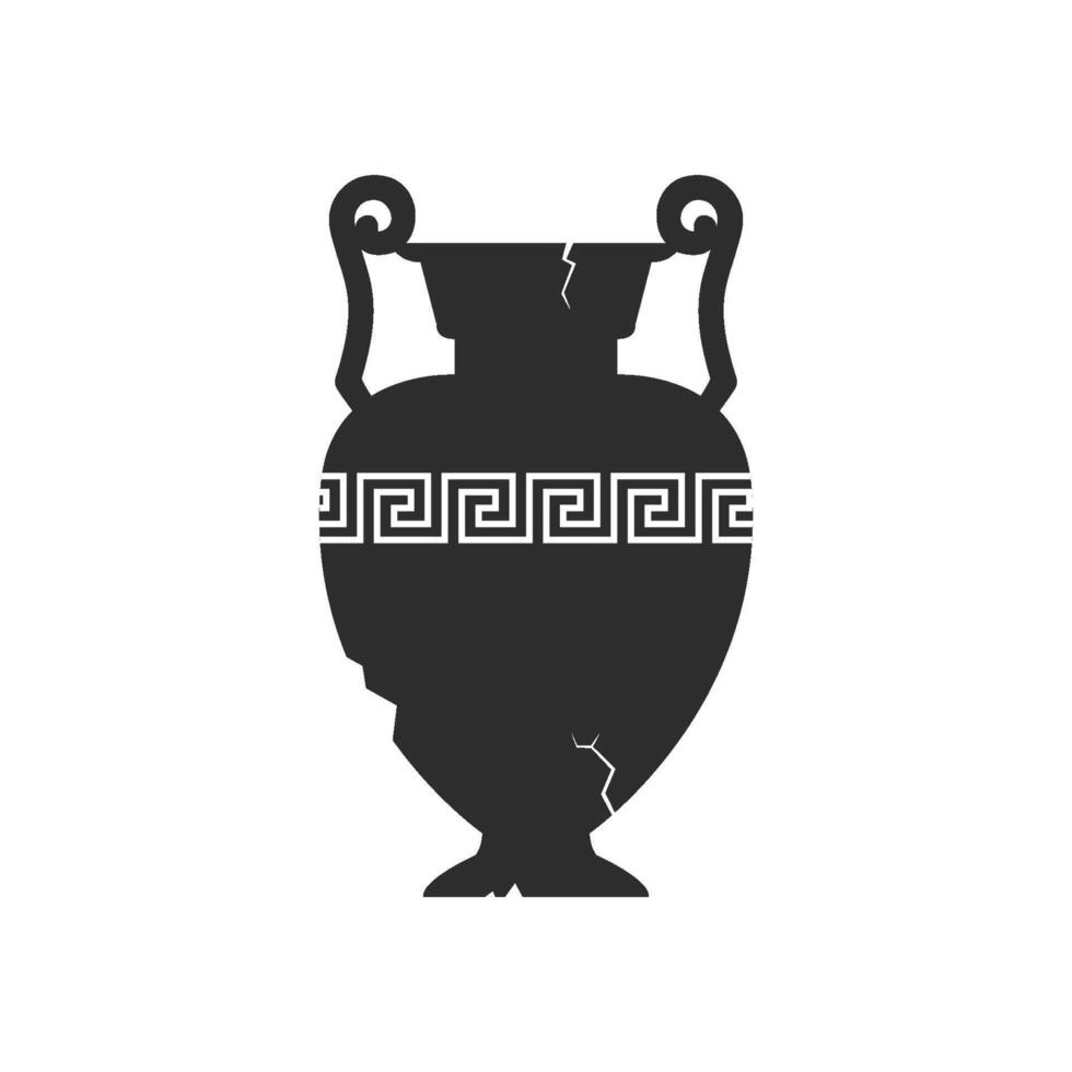 Broken amphorae silhouette. Cracked ancient greek vase with meander pattern. Antique ceramic jar or vessel. Clay pottery vector