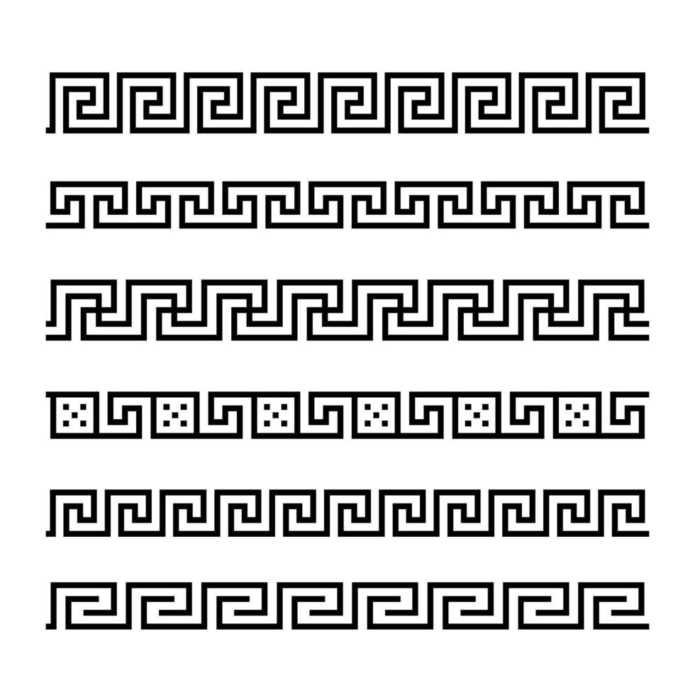 Greek key ornaments collection. Meander pattern set. Repeating geometric meandros motif. Greek fret design. Ancient decorative border. vector