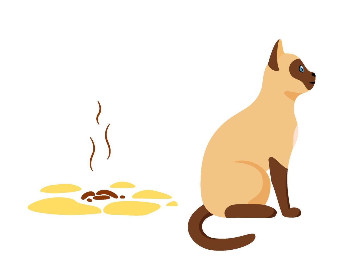 Siamese cat sitting near its poop. Badly behaved pet going to toilet on floor. Pet toilet hygiene concept. Bad smell. vector