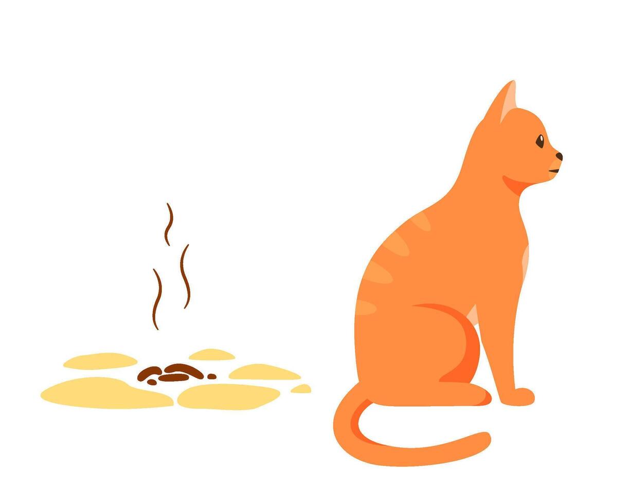 Cat sitting near its poop. Badly behaved pet going to toilet on floor. Pet toilet hygiene concept. Bad smell vector