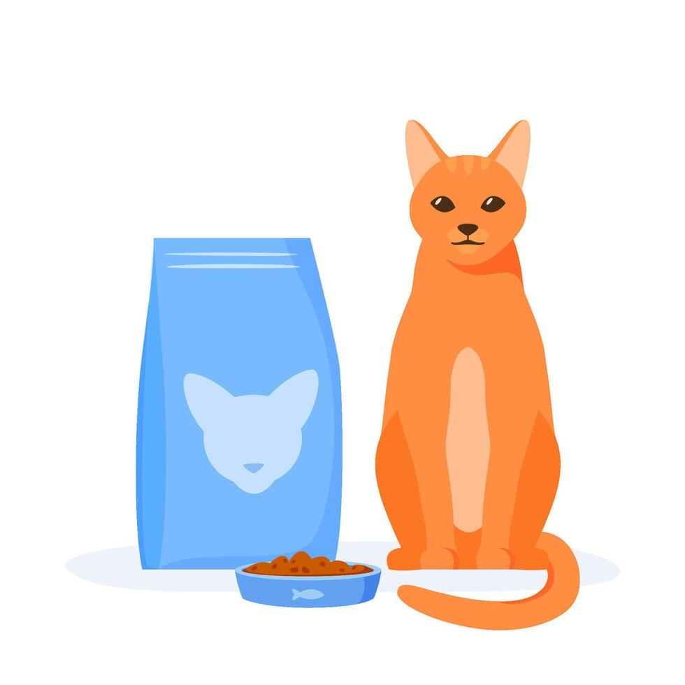 Cat food in bowl. Cat kibble in package or beg vector