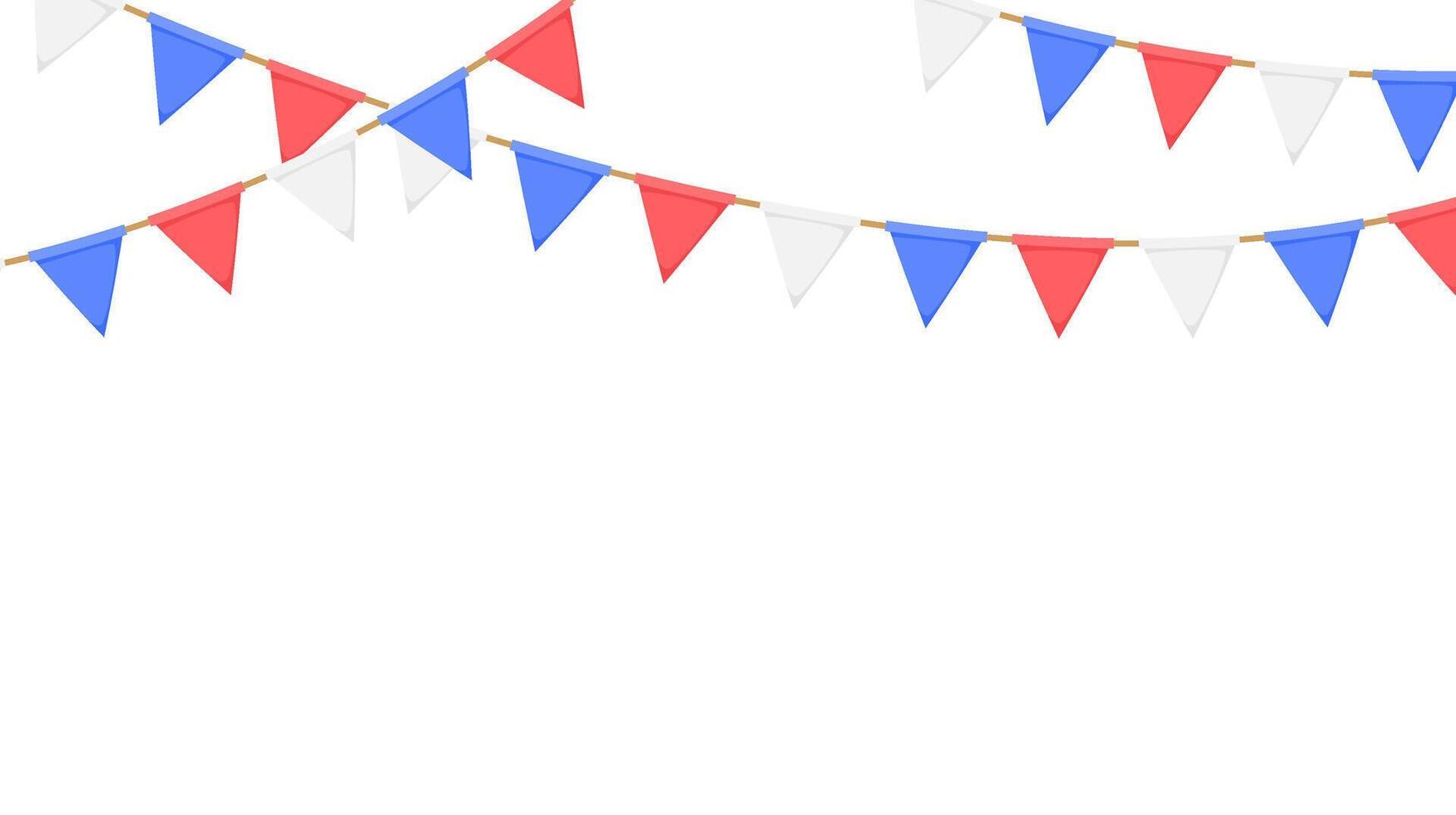 Flag garland. White, blue, red pennants chain. Party bunting decoration. Triangle celebration flags for event decor. vector