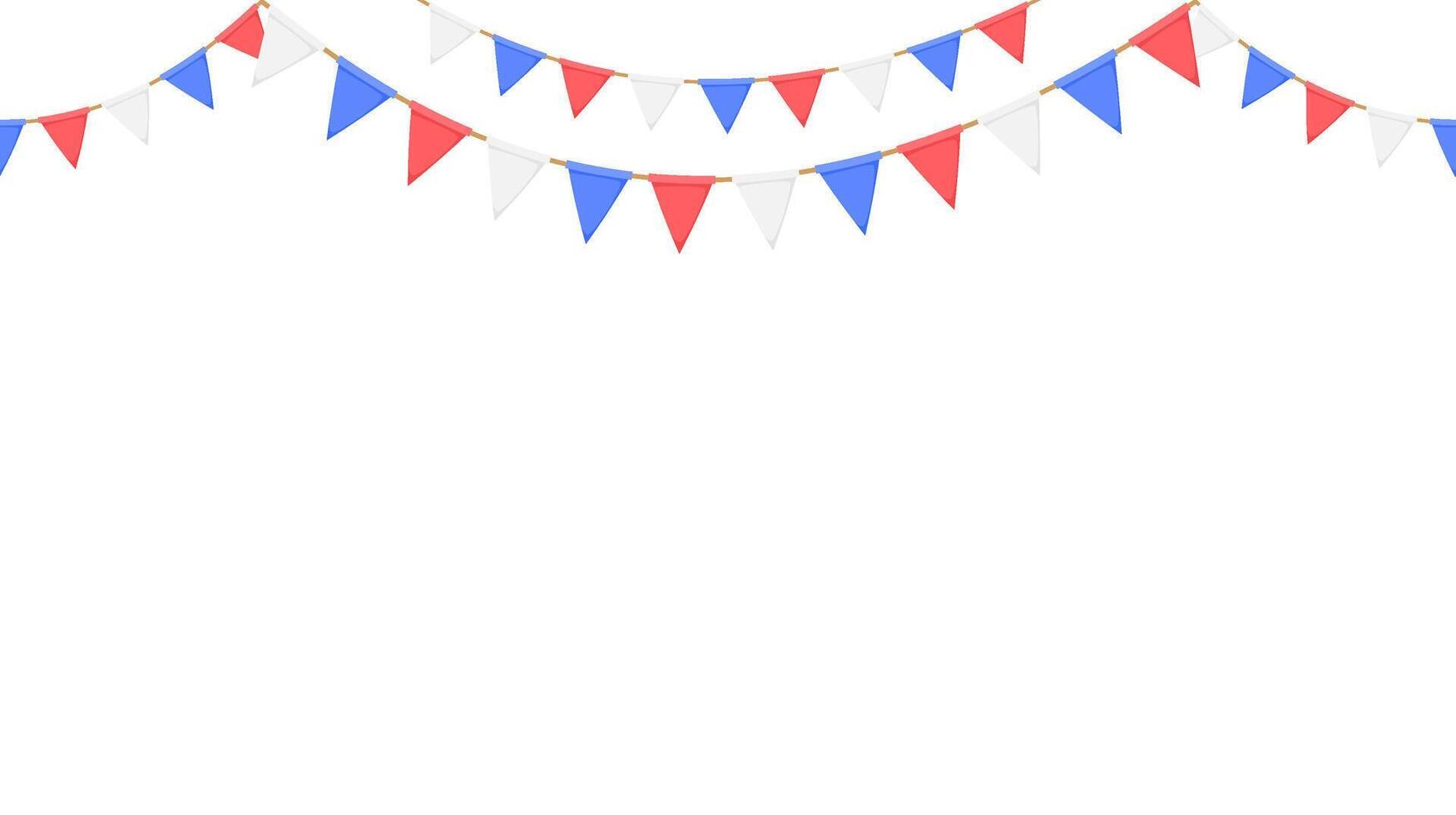 Flag garland. Repeating party bunting pattern. Triangle celebration flags chain. White, blue, red pennants decoration. footer and banner vector