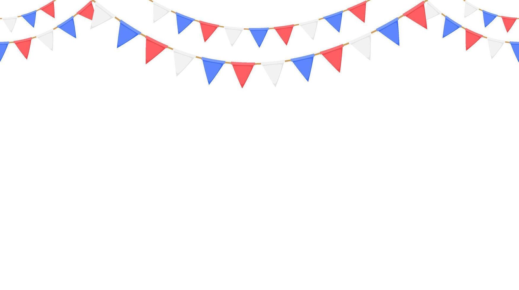 Flag garland. Repeating party bunting pattern. Triangle celebration flags chain. White, blue, red pennant decoration vector