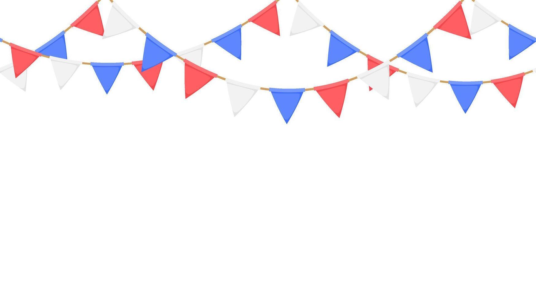 Flag garland. Repeating party bunting pattern. Triangle celebration flags chain. White, blue, red pennants decoration for footer or banner vector