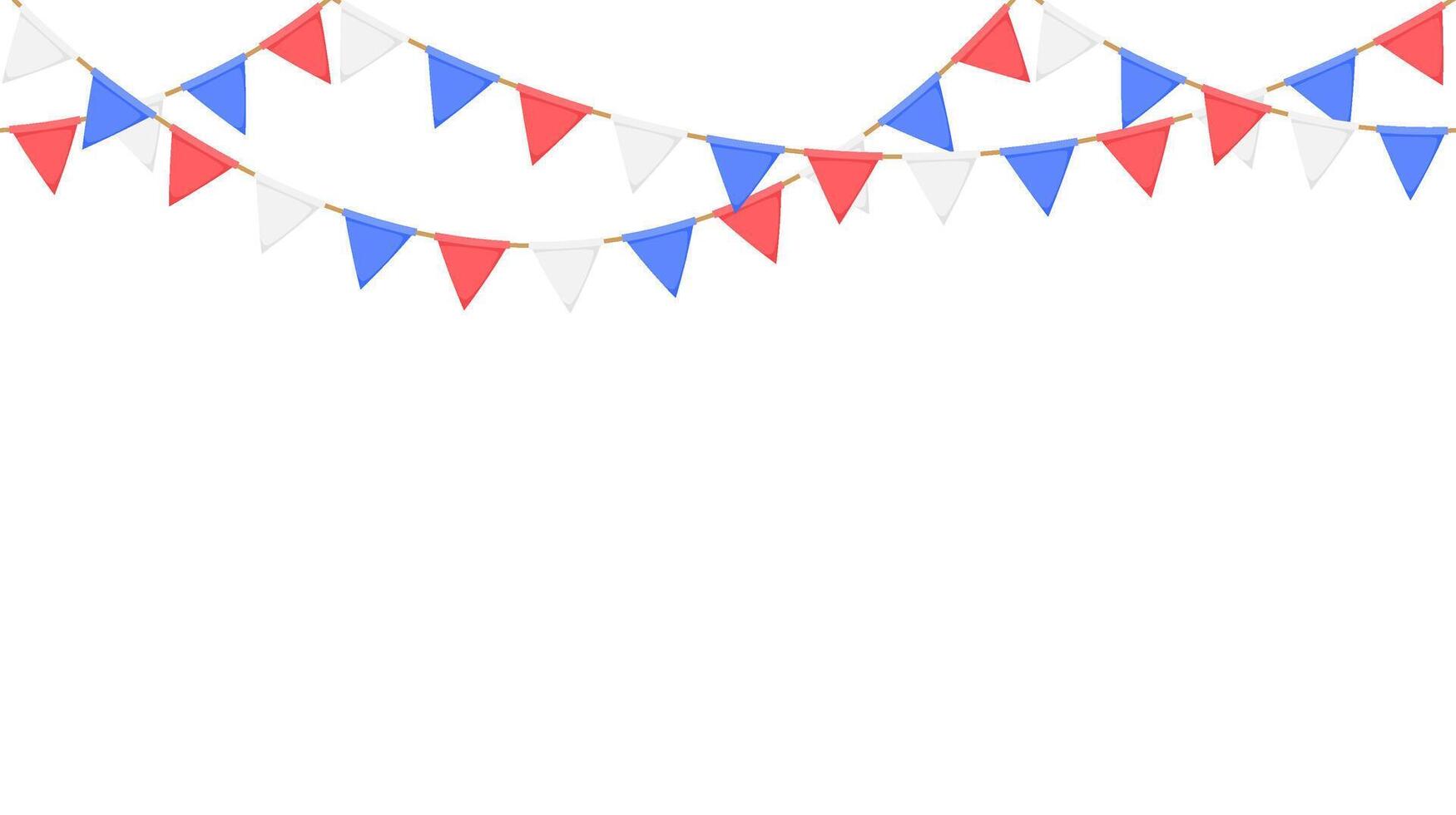 Flag garland. Repeating party bunting pattern. Triangle celebration flags chain. White, blue, red pennants decoration for footer and banner vector