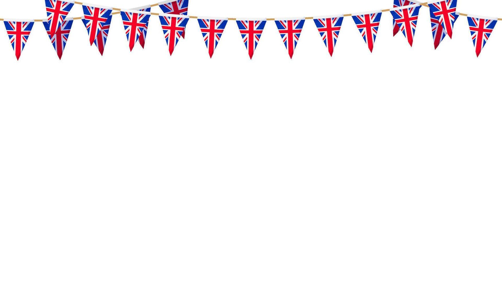 UK flag garland. Union Jack pennants chain. British party bunting decoration. Great Britain flags. Footer and banner background vector