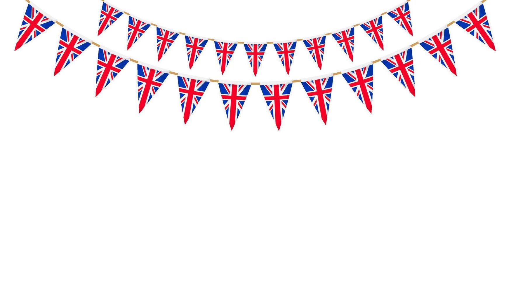 UK flag garland. Union Jack pennants chain. British party bunting decoration. Great Britain flags for celebration. Footer banner vector