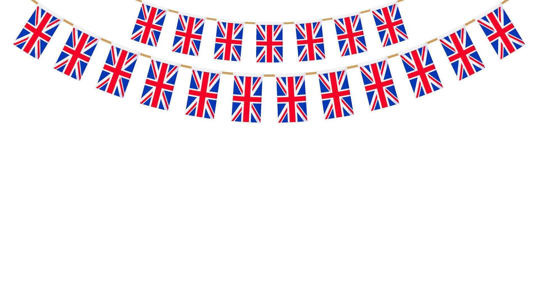 UK flag garland. Union Jack pennants chain. British party bunting decoration. Great Britain flags for celebration. Footer banner background. vector
