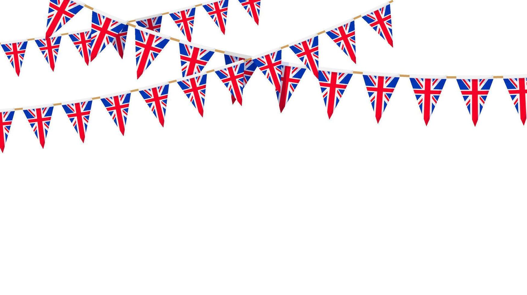UK flag garland. Union Jack pennants chain. British party bunting decoration. Great Britain flags for celebration. Footer and banner element. vector