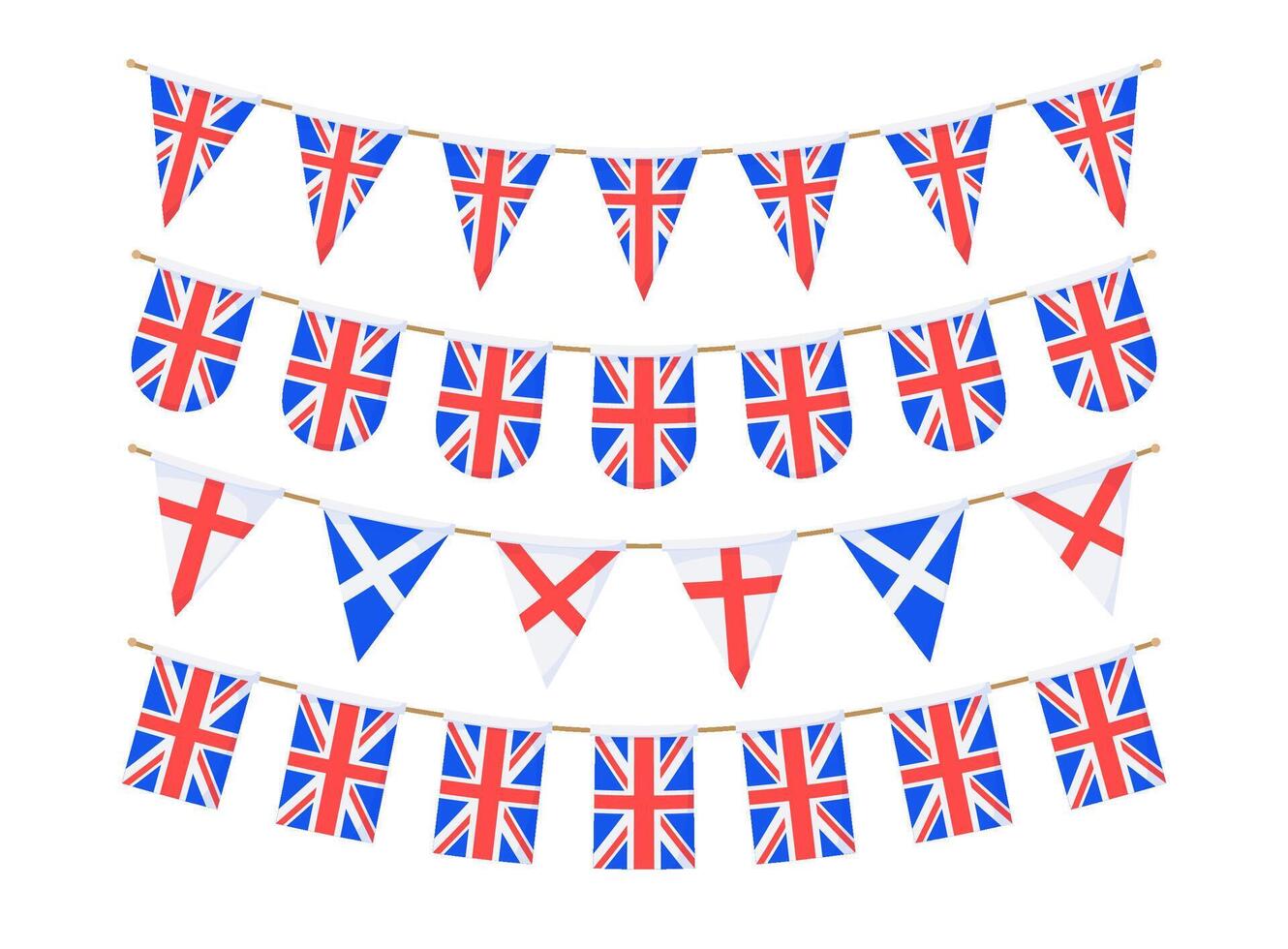 UK flag garland. Union Jack pennants chain. British party bunting decoration. Great Britain flags for celebration for footer and banner background. vector