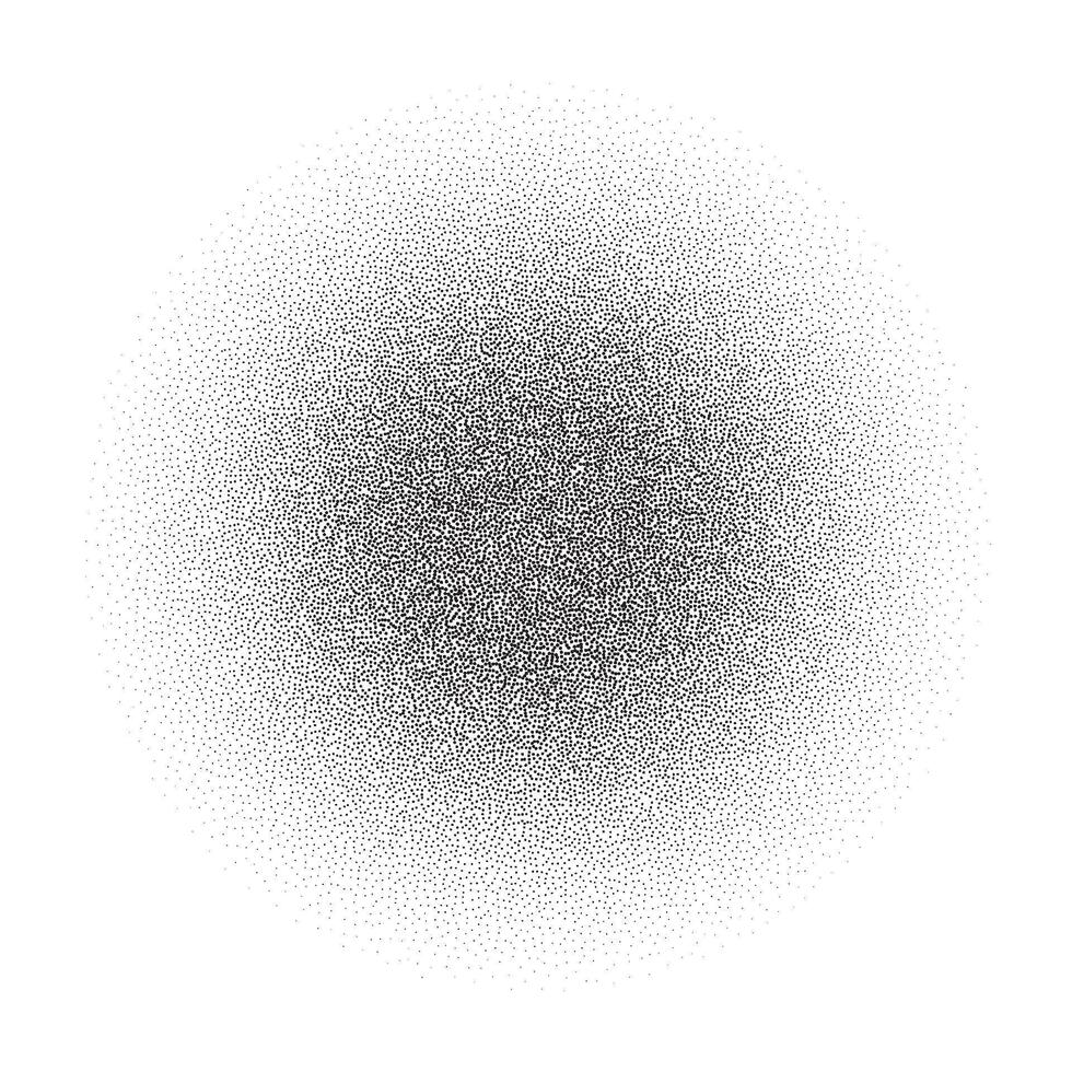 Grain circle gradient. Stippled round shape. Radial stochastic dotwork texture. Random grunge noise background. Black dots sphere. Half tone vector