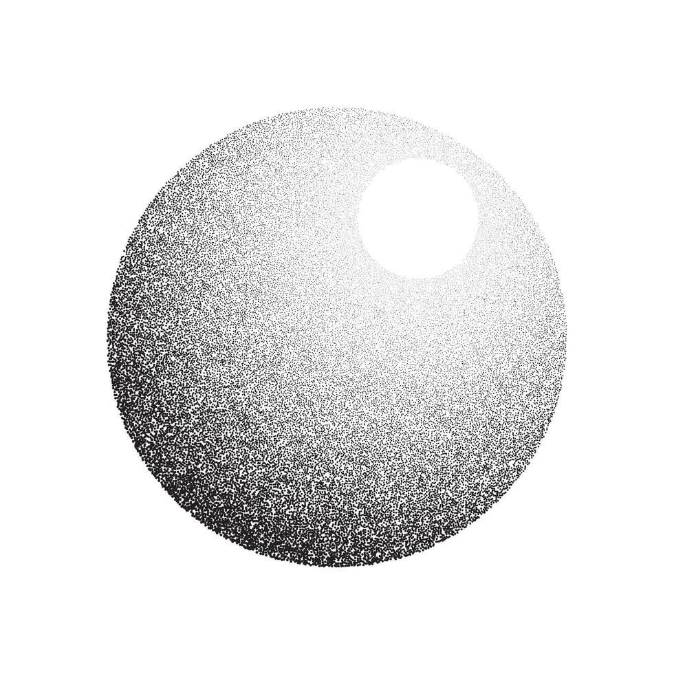 Grain circle gradient. Stippled round shape. Radial stochastic dotwork texture. Random grunge noise background. Black dots sphere object vector