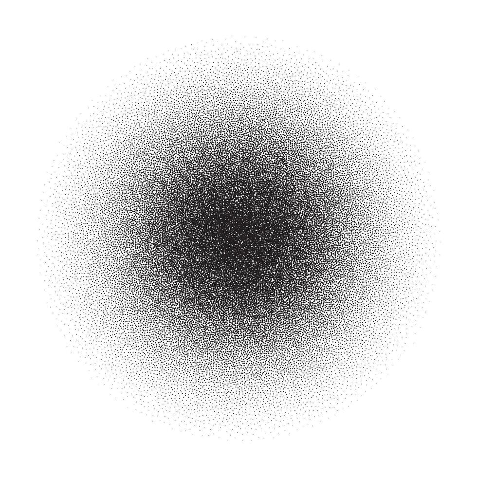 Grain circle gradient. Stippled round shape. Radial stochastic dotwork texture. Random grunge noise background. Black dots sphere shape vector
