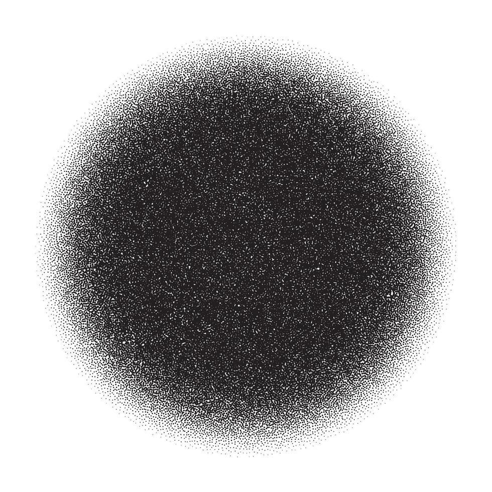 Grain circle gradient. Stippled round shape. Radial stochastic dotwork texture. Random grunge noise background. Black dots sphere element vector