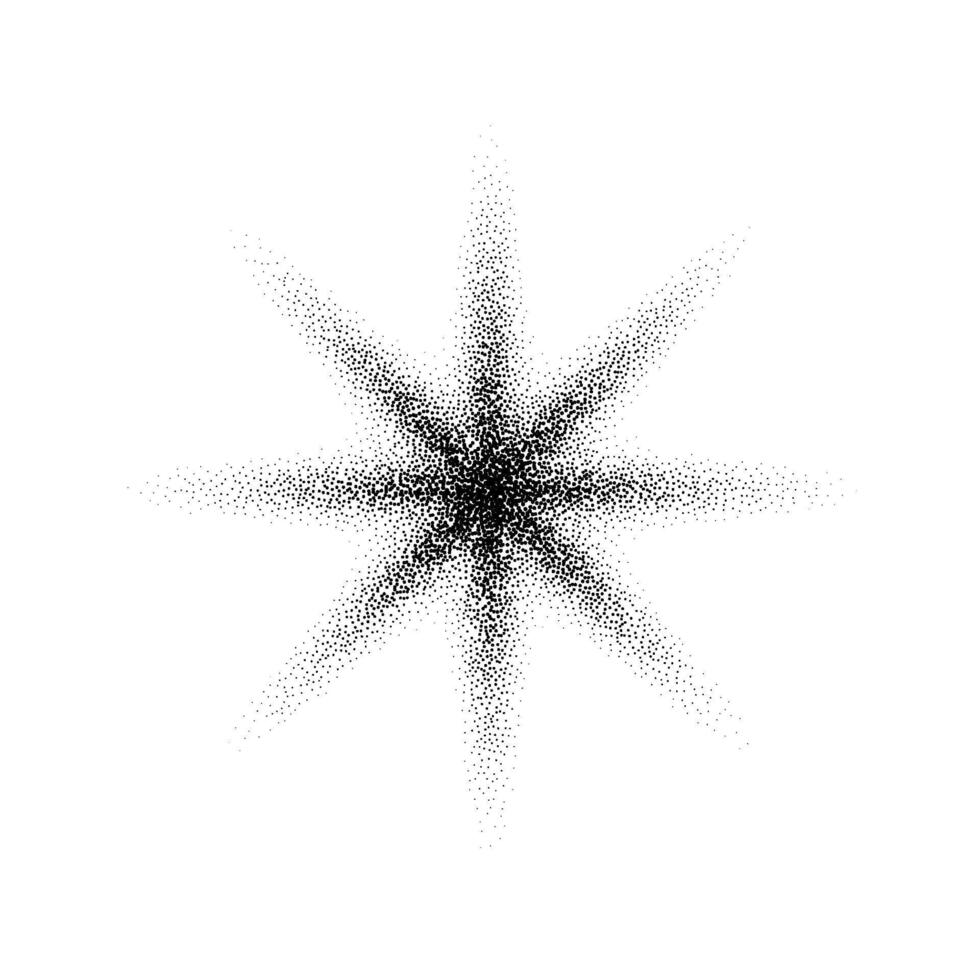 Dotted grain star. Black stipple shape. Abstract noise texture flower. Halftone flare form. stochastic vector