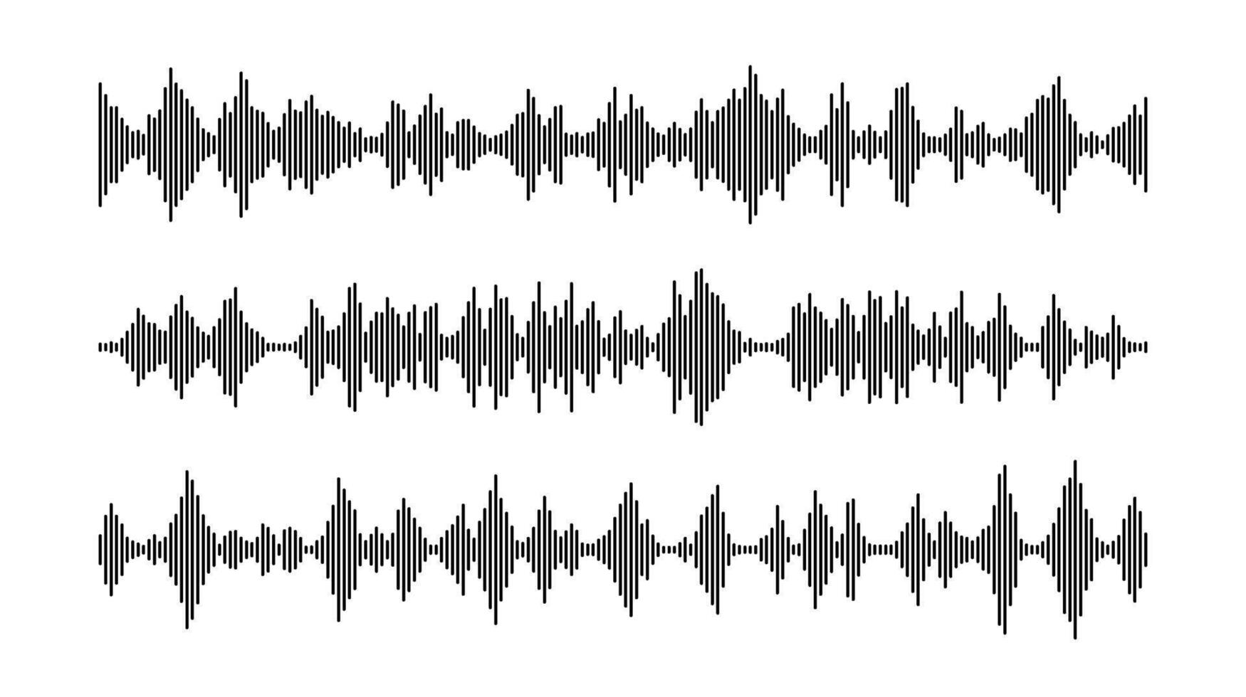 Black sound wave bars set. Music, podcast, audio track samples or voice messages. Equalizer elements collection. Diagram, chart or signal concepts vector