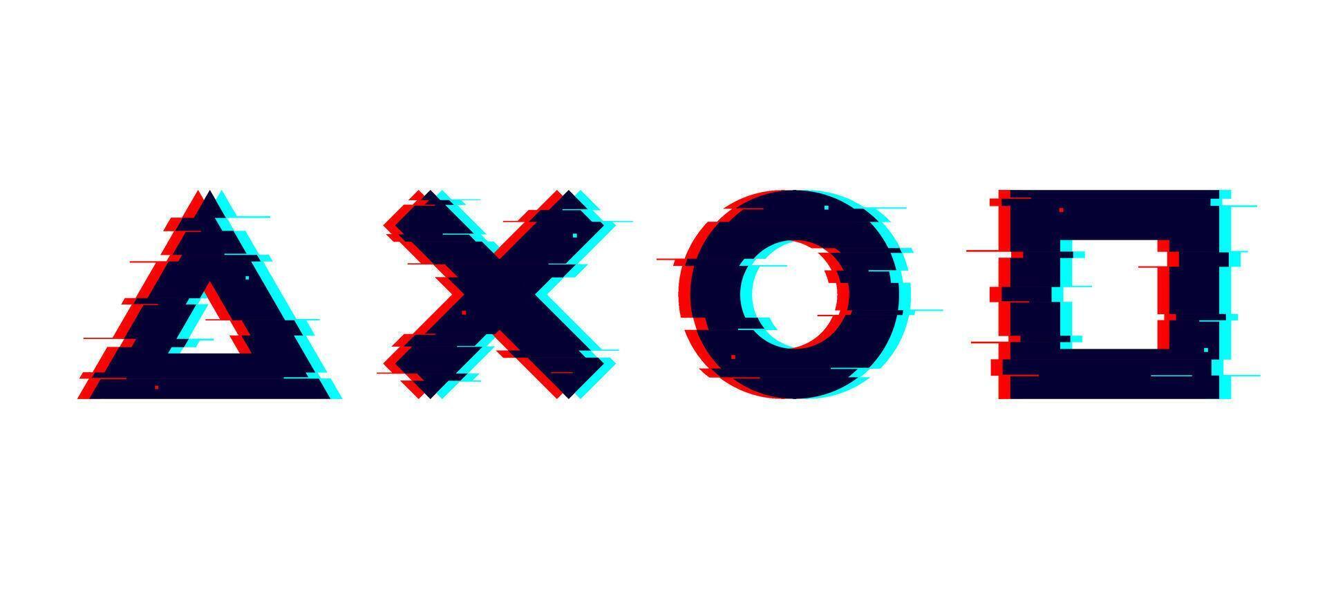 Glitch distorted geometric shapes set. Cross, square, triangle, circle with TV or vhs noise. Futuristic destroyed design elements collection. Pixelated text boxes vector