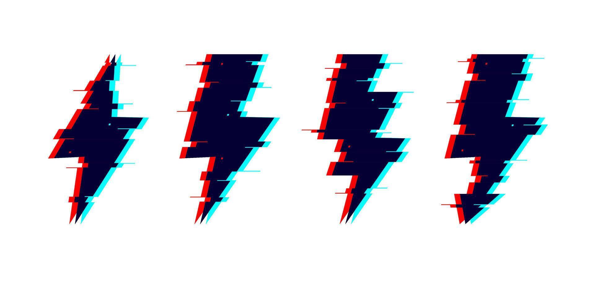 Glitch distorted lightnings set. Thunderbolts with TV or vhs noise. Futuristic destroyed flash design elements collection. Pixelated lightning strike signs vector
