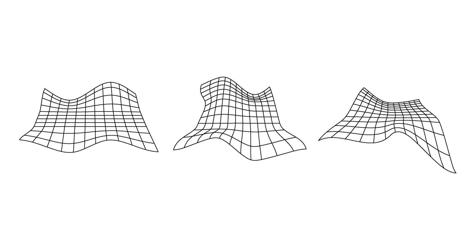 Distorted perspective grid set. Glitch rectangle plane collection. Wavy futuristic elements. Ripple wireframes. abstract vector
